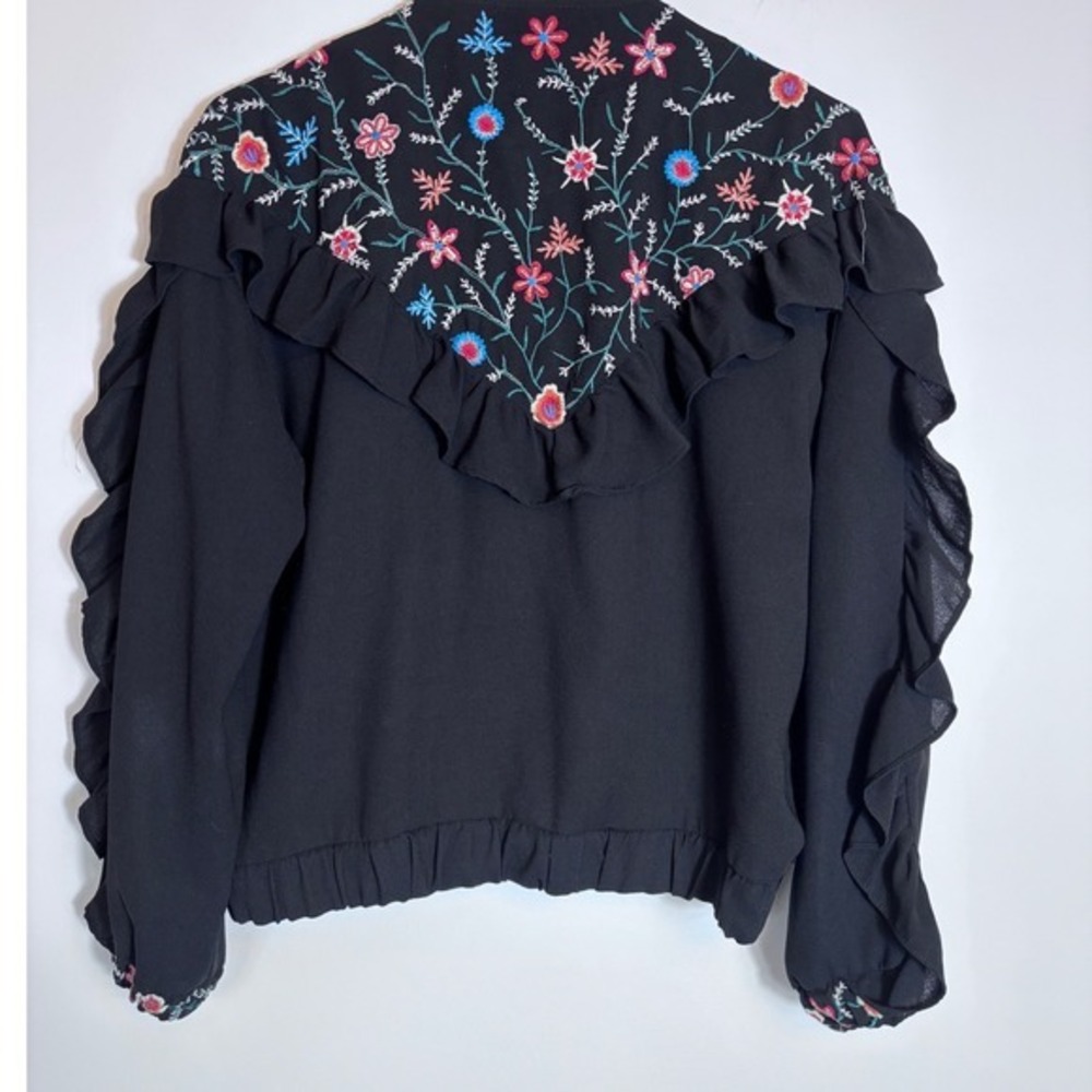 Zara TRF Black Embroidered Floral Ruffle Bomber Jacket Womens Medium Zip Up Boho - Picture 5 of 7